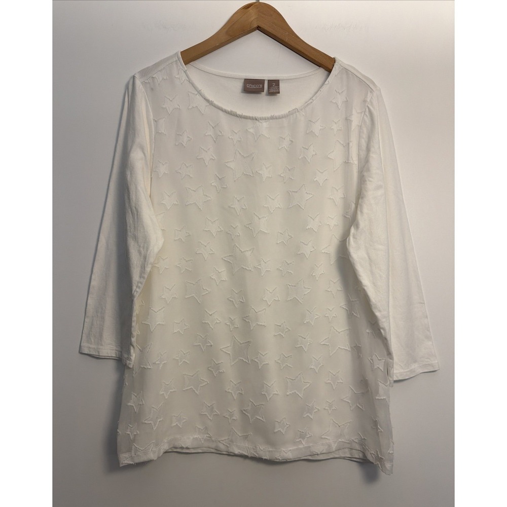 Chico's Star Print Overlay Blouse Tee Top Size 2 White 3/4 Sleeve Lightweight